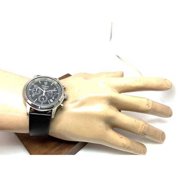 Seiko Men's Watch SSB007 Quartz Chronograph Black Dial Leather Strap 40mm - Picture 5 of 14